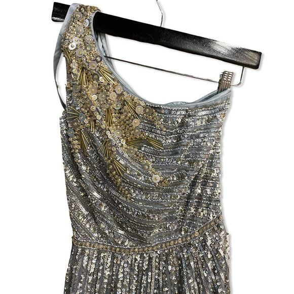 Mac Duggal 5220 Silver Sequin one shoulder gray embellished Gown wedding prom 4 - Picture 5 of 14